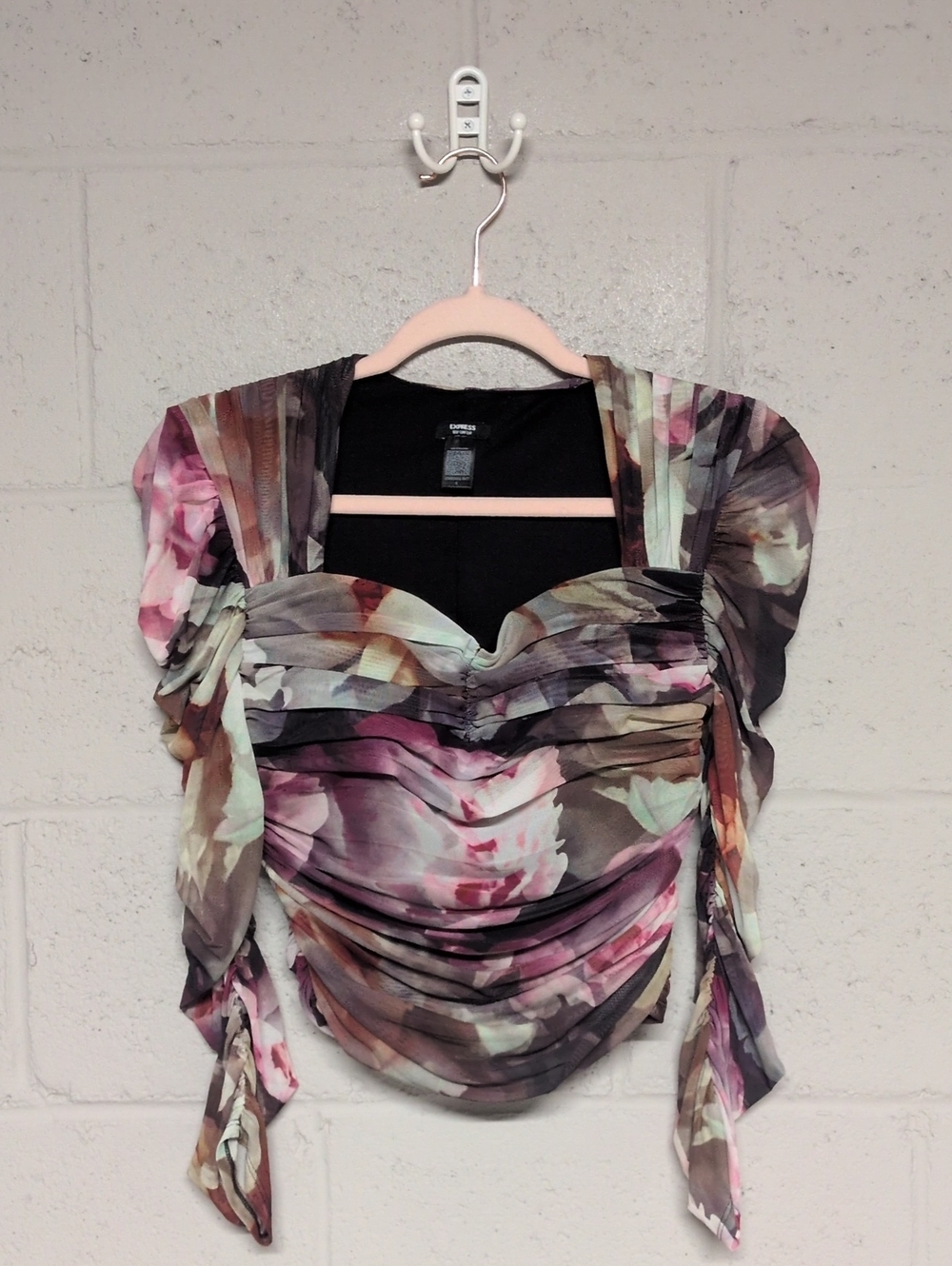 Express Body Contour Mesh Floral Ruched Cropped Top Blouse Small, Coquette Girl - Picture 2 of 8